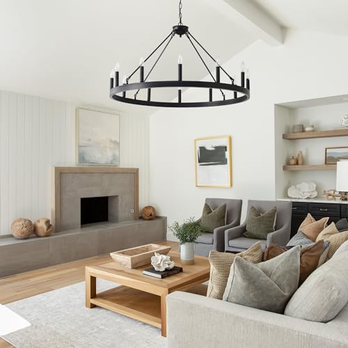 Jtyp WWC-40-E12-12 Inch Black Farmhouse Wagon Wheel Chandelier,12-Light Round Industrial Pendant Light Fixtures For Outdoor Porch High Ceilings Living Dining Room Foyer Entryway thumb #7