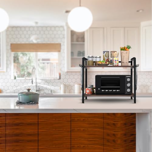 Image of wow craft 2-Layer Multipurpose Microwave Oven Stand & OTG Rack | Floor-Mount Kitchen Storage Shelf with Black Pipe Design | Engineered Wood & Metal Construction | Brown