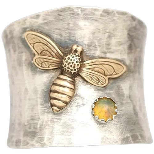 ASFKIPMF Big Large Animal Flower Leaf Wide Band Ring with Stone,Fashion Cute Gold Bee Ring Animal Lucky Honey Bee Knuckle Ring Vintage Thumb Index Middle Finger Boho Ring Jewelry for Her Size 7