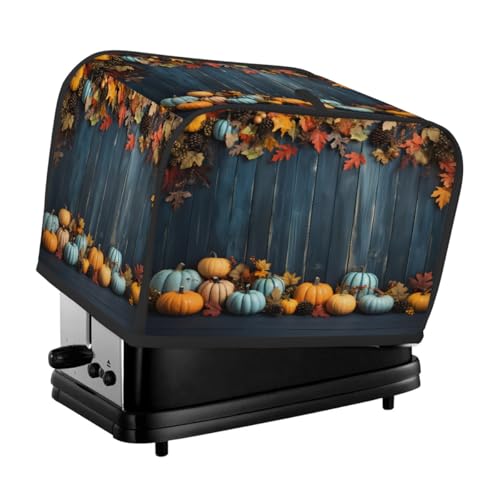 Mexpekil Toasterhülle, Kürbisblatt, Traube, blauer Holzmaserungsboden, eleganter Schutz für Ihren 2-Scheiben-Toaster, leicht zu reinigen, wasserdicht, hitzebeständig,