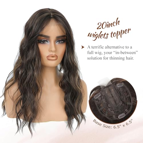 MORICHY Hair Toppers for Women Clip in Hair Topper with Bangs 20inch Chocolate Brown with Highlights Long Wavy Curly Synthetic HairPieces for Women