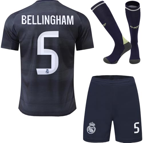 FRKN Trikot R. Madrid Bellingham #5 Jude Maillot Extérieur de Football 2025/2026 Pour Enfants Nouvelle Saison, Shorts, Chaussettes, Tailles Jeune (Bleu,30)