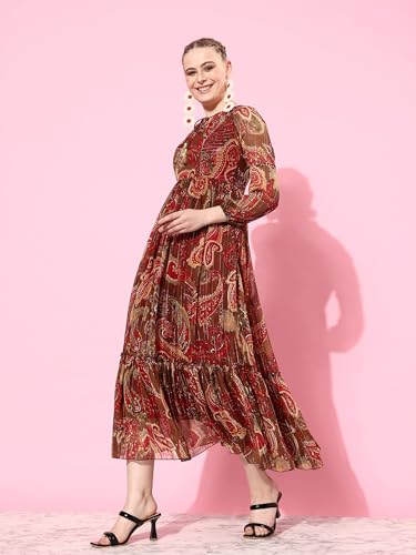 Image of Miss Chase Women's Multicolored-Base-Brown Relaxed Fit Maxi Lurex Chiffon Dress