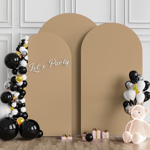 Image of Wokceer Wedding Arch Backdrop Cover (7.2FT, 6.6FT, 6FT) Set of 3 Spandex Fitted Wedding Arch Stand Covers for Round Top Chiara Backdrop Stands Cover for Birthday Party Ceremony Decor Khaki