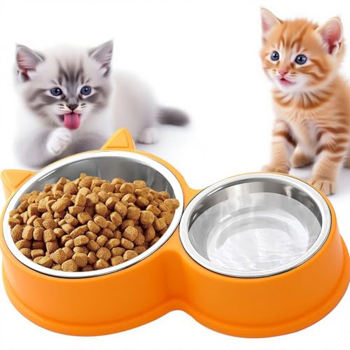 Set Doppia Ciotola per Gatti in Acciaio Inox, Base Antiscivolo, Lavabile in Lavastoviglie – Per Cibo Secco e Umido, Design Carino a Forma di Gatto, Colori Vivaci Assortiti (Giallo)