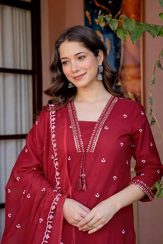 Image of PARTHVI Women's Pure Cotton Printed Straight Kurta Set with Palazzo Pants & Dupatta- Ethnic Wear, Red
