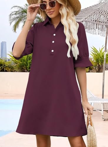 Image of Womens Summer Shirt Dress 2026 Casual Ruffle Short Sleeve Button Down Flowy Swing Shift Mini Dresses with Pockets