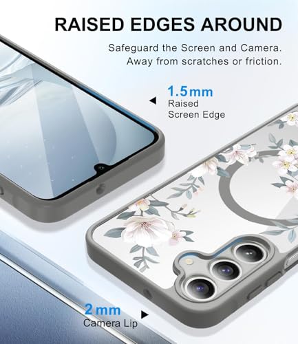 Image of VONZEE Compatible with Samsung Galaxy S25 Plus 5G Case Luxury Retro Flowers Floral Clear for Magnetic Wireless Charging Clear Case Shockproof PC+TPU Cute Glossy Shiny Cover for Girls Women, Grey