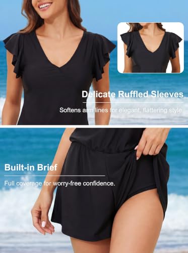 Image of Smismivo Swim Romper with Built in Bra and Pockets Swim Dress Modest One Piece Swimsuit Full Coverage Bathing Suit