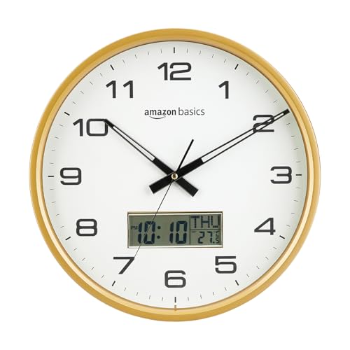 Image of Amazon Basics 12.5 Inch Large Analog Digital Wall Clock with LCD Display | Day Date Month Temperature | Silent Sweep Quartz Movement | Clear Bold Numbers | Dual Battery Operated (White)