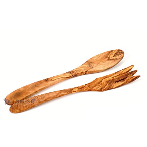 Olive Wood Salad Servers, Handcrafted Olive Wood 30 cm Salad Servers Set of Spoon Fork, Gift for Her