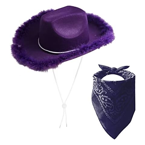 Cosmic Chameleon Purple Boa Cowboy Hat with Paisely Bandana Rodeo Princess Cowboy Hat for Dress-Up Bachelorette Parties Halloweens & Play Costume Cover