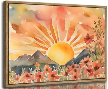 Framed Boho Sun Canvas Wall art Mid-Century Modern Abstract Bohem...