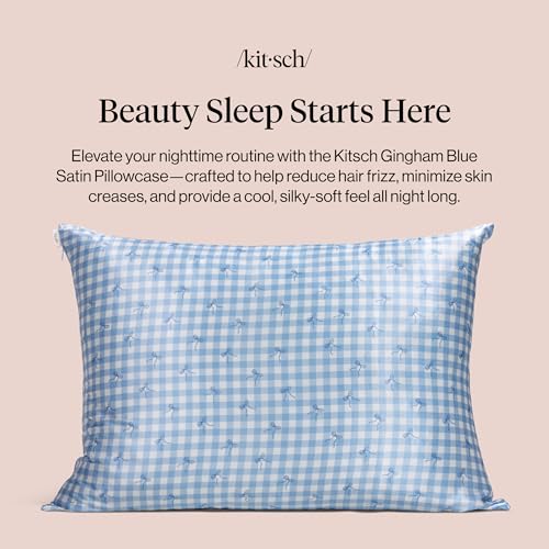 Image of Kitsch Satin Pillowcase with Zipper - Standard Size, Gingham Blue | Softer Than Silk Pillow Cases, Smooth Cooling Satin Pillow Case for Hair and Skin, Wrinkle-Free, Machine Washable