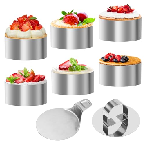 6 PCS Ø 8 cm Cake Rings, Stainless Steel Mousse Ring, 8×4 cm Pastry Rings, Crumpet Rings Non Stick with Cake Press & Lifter, Baking Rings for Dessert Cake Pastry DIY