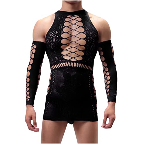 Sissy Lingerie for Men Sexy Naughty Elastic Fishnet Bodysuit Lace Hollow Out See Through Mesh Babydoll Underwear