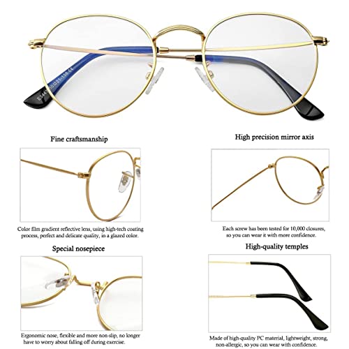 HJSTES Round Blue Light Glasses for Women Men Retro Circle Clear Lens Metal Frame Eyeglasses (Gold)