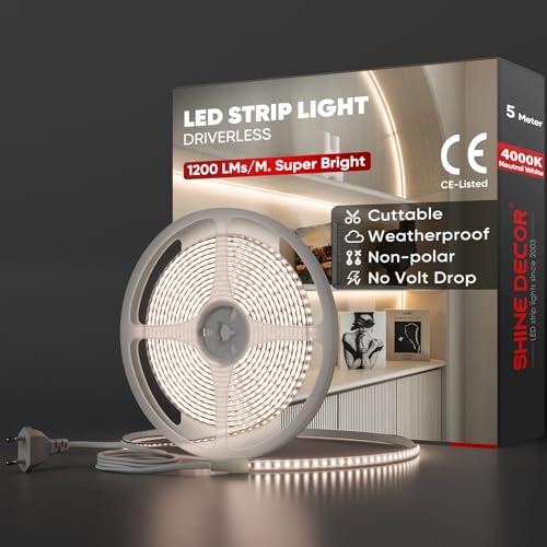Shine Decor 5m Bande Lumineuse LED, 220V Autocollante Silicone Bande LED étanche IP65, SMD 2835 120 leds/m Ultra Haute Luminosité pour Décoration Maison Cuisine Jardin Eclairage LED (Blanc Naturel)