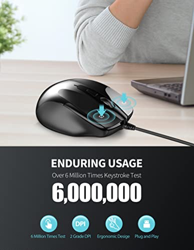 Image of TECKNET USB Wired Mouse, 6-Button Corded Computer Mouse with 4 Adjustable DPI, Optical Computer Mice with Ergonomic Design and 5FT Cord for Laptop, Chromebook, PC, Desktop, Mac, Notebook-Black