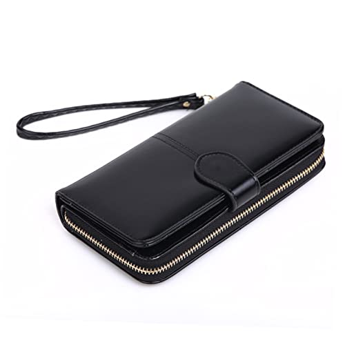 NOLITOY PU Leather Female Zipper Handbag with Buckle Wallet for Women Portable Coin Purse Holder Black Clutch for Credit Cards and Cash Secure Outdoor and Home Use