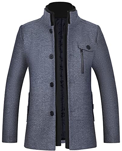 Image of WULFUL Men's Wool Blend Winter Coat Slim Fit Short Trenchcoat Warm Business Jacket with Detachable Soft Wool Scarf