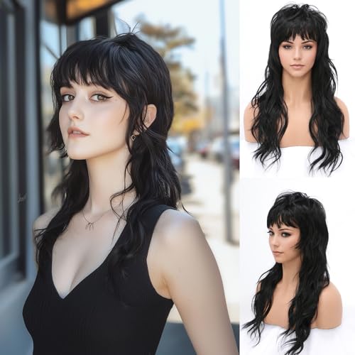 SeclitWu 80er 90er Jahre Retro Schwarze Mullet Perücken Pixie Cut Perücken mit Bangs für Frauen Wolf Cut Perücke 56 cm Synthetische Faser Kostüme Cosplay Haar Perücke für den täglichen Party Gebrauch