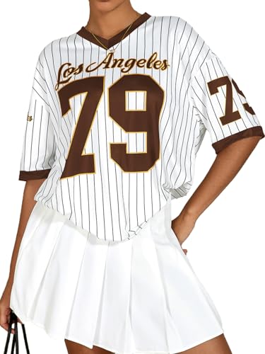 Milumia Women's Number Striped Print V Neck Half Sleeve Oversized Jersey T-Shirt