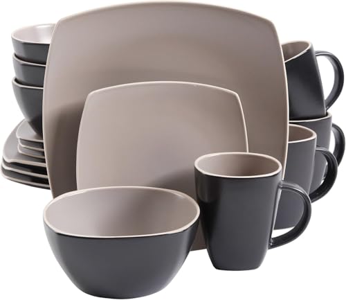 Image of 16-Piece Square Stoneware Dinnerware Set – Matte Taupe & Gray, Modern Plates, Bowls & Mugs, Microwave & Dishwasher Safe