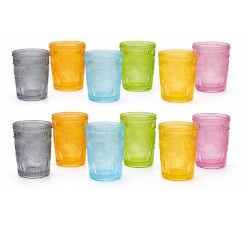 cecaro group Set 12 Bicchieri in Vetro Colorati 300 ml – Bicchieri Acqua Resistenti in Vetro Spesso Inciso – Set Bicchieri Moderni Multicolore per Tavola, Cucina, Bevande, Idea Regalo