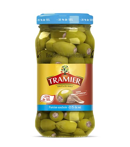 Tramier Olives Apéro Farcies à l'Anchois -25 % de Sel (1 x 180 g), olives vertes d'Espagne et farcies à la pâte d'anchois, olives dénoyautées idéales pour l'apéritif Cover