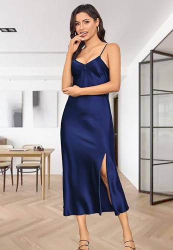 Image of ALCEA ROSEA Women's Long Satin Slip Dress Nightgowns Sexy Lingerie Adjustable Strap Midi Dress Silky Gown V Neck Under Dress