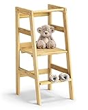 Bellabino Milo Lernturm Kinder Trittschemel, Tritt 3-Fach höhenverstellbarer Lernturm für Kinder ab 1 Jahr, Natur Kiefer Massivholz, H 90 cm, T 49 cm, B 40 cm