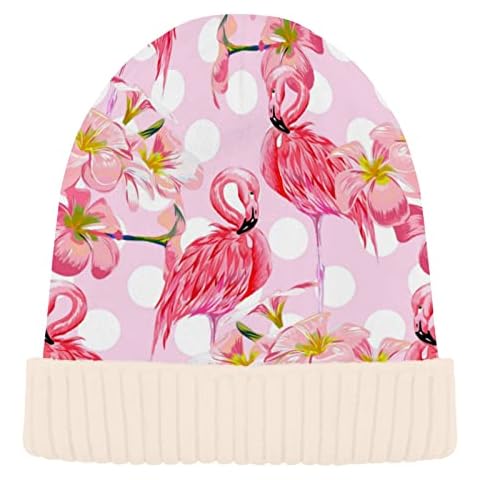 Naanle Hawaii Flower Flamingo Womens Beanie Hat Stretch Slouchy Warm Knit Winter Hats Skullies White Beanie Women Christmas Ski Beanies Cap Cover