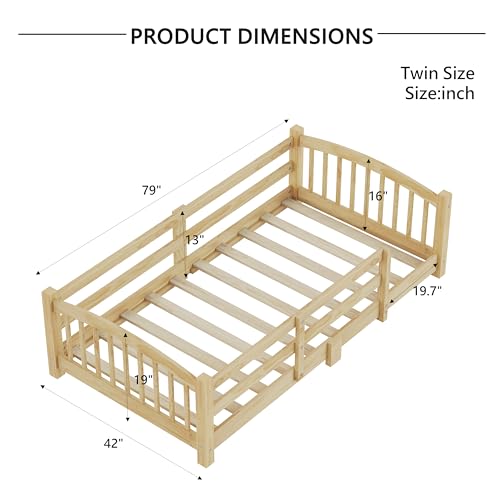Image of Bellemave Twin Size Kids Montessori Floor Bed,Twin Size Floor Bed Frame with Slats and Safety Guardrail,Solid Wood Montessori Bed for Girls Boys,Natural