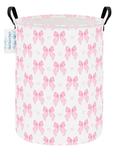 Image of Pink Bowknot Laundry Basket Canvas Fabric Collapsible Organizer Basket for Girls Room Storage Bin Toy Bins Gift Baskets Bedroom Clothes Hamper (Pink Bowknot)