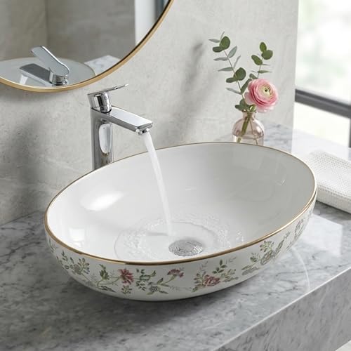 Image of BASSINO 21x14x6 Inches Ceramic Table Top Wash Basin /Designer Bathroom Sink /Luxury Countertop Vessel Basin /Oval Above Counter Basin /Wash Basin for Bathroom /Dining Hall(Glossy White Floral Print)