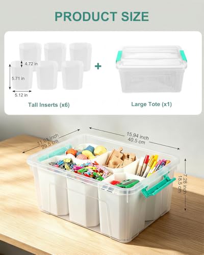 Image of EOENVIVS Clear Storage Boxes with 6 Tall Inserts, Large Plastic Organizer Box with Lid and Handles, 15.94x11.61x7.28 Inches, Multi-Functional Container for Cosmetics, Toys, School Supplies