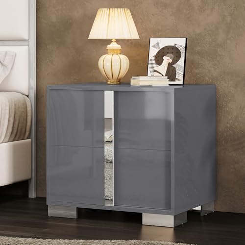 Image of AMERLIFE Nightstand, 23.6'' Modern End Table with Drawers, High Gloss UV Finish, Electroplated Pull Handle, Bedside Table for Bedroom, Grey