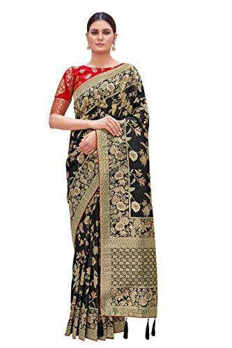 Monjolika Fashion Women's Banarasi Silk Blend Woven Zari With Tussles Saree and Jacquard Woven Blouse Piece (37765 color) (Black)
