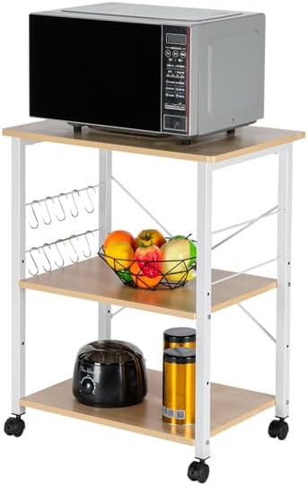 Light Beige Baker's Rack 3-Tier Kitchen Utility Cart Kitchen Shelf, Microwave Oven Stand with Storage Shelf, Heavy Duty Workstation Coffee Bar Station with Storage, Serving Cart for Dining Room