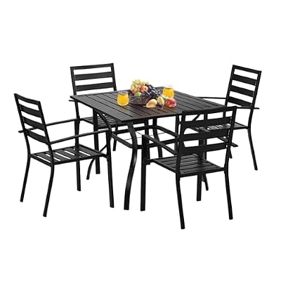VINGLI 5-Piece Outdoor Dining Set, Metal Patio Dining Set for 4, Square Dining Table with Umbrella Hole & 4 Stackable Patio Chairs for Porch, Deck and Backyard