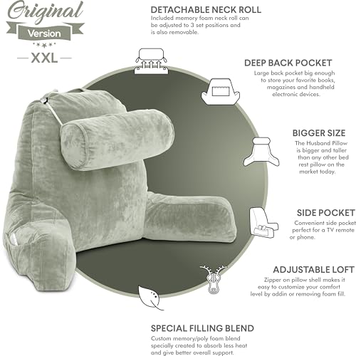 Image of Husband Pillow XXL Reading Pillow for Bed Backrest with Arms - Desert Sage Adult - Unmatched Support Pillow for Sitting Up in Bed - Shredded Memory Foam Comfy Microplush Cover & Detachable Neck Roll