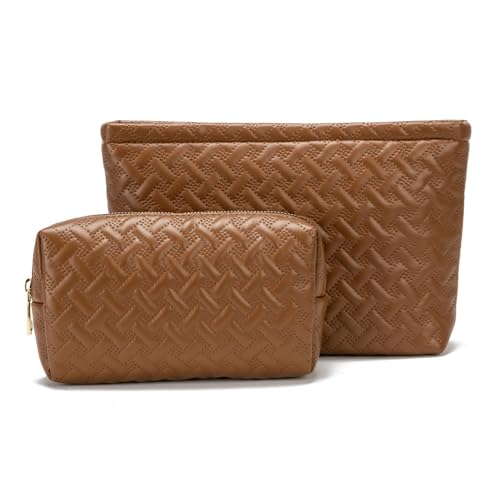 2 Pieces Makeup Bag Toiletry Bag for Women Vegan Leather Travel Cosmetic Make Up Brush Bag Pack Travel Vacation Essenitial for Purse (Brown)