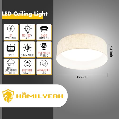 Hamilyeah 15 inch Ceiling Light Flush Mount Set of 2, LED Kitchen Lighting Fixture Ceiling Mount with Fabric Shade, 5CCT Drum Ceiling Light Fixture Overhead for Living Room, Kitchen, Bedroom, Hallway by Hamilyeah - Image 2