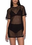 Testudineus Women Sexy Beach Cover Ups See Through Sheer Mesh Short Sleeve T-Shirt Dress Black