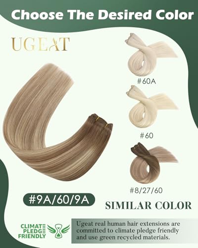 Image of Ugeat Sew in Hair Extensions Real Human Hair, Invisible Weft Hair Extensions Human Hair 16 Inch 100g, Hair Weft Extensions, Light Brown Balayage Platinum Blonde