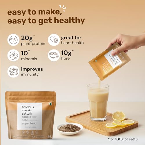 Image of fitlicious Classic Sattu Powder | Bihari Chana Sattu | Natural & Organic | Gluten-Free, Non-GMO | High Protein & Fiber | Instant PremiX | Healthy Drink For All Ages | Pack Of 10 X 40g Sachets