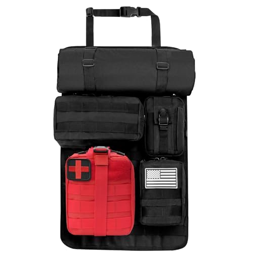 Tactical Car Seat Back Truck Organizer With Detachable MOLLE Pouches Universal for SUV Vehicle Nylon Storage Panel Seat Organizer for Overlanding, Camping & Emergency Gear(6 Pack Black)