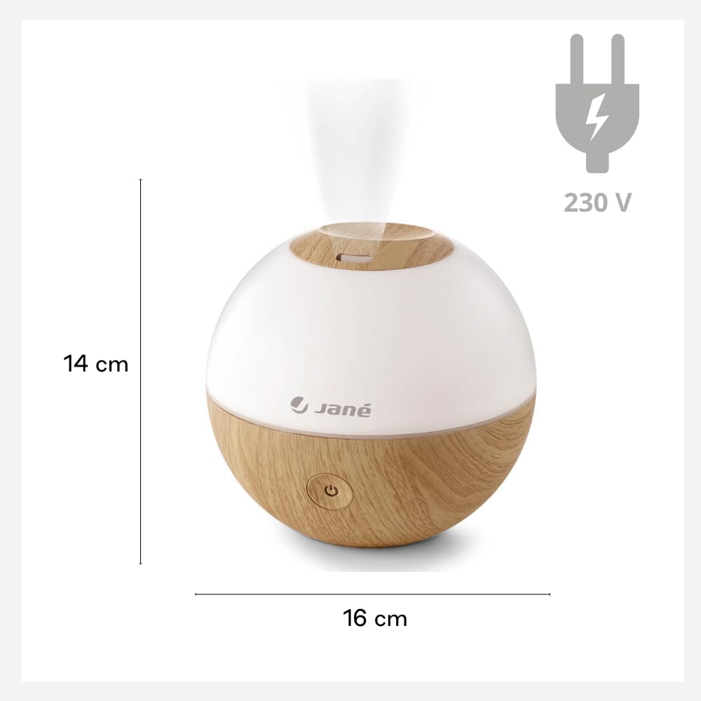 Jané Humidificador Ultrasónico Bebé con Luz, Difusor de Aromas, 2 Velocidades, Vapor Frío, Autoapagado, Salida 360º, Madera