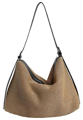 Straw Bag Slouchy Tote Bag for Women Summer Woven Beach Bag Large Shoulder Crossbody Bag Work Travel Purse 2025